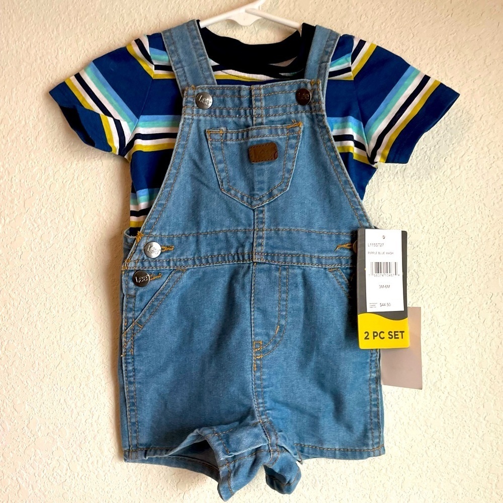 Lee Baby Boy Blue Denim Overalls with Striped Shirt size 3/6M -NWT